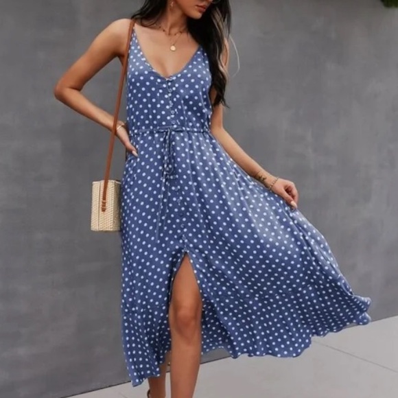 Boho polka dots  button up v neck tie polka dot dress - Picture 13 of 15